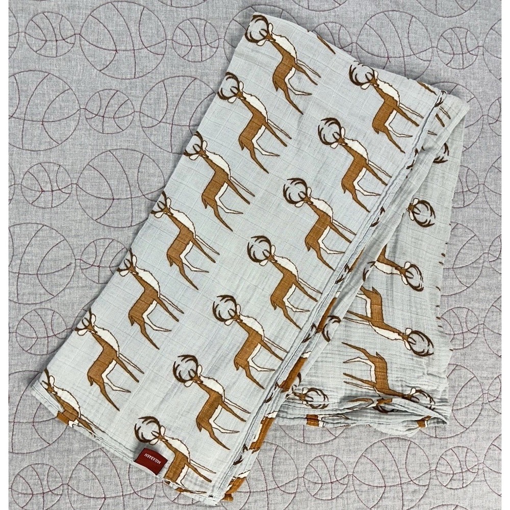 Milkbarn 100% Organic Cotton Muslin Baby Swaddle Blanket / Blue Gray Deer Print